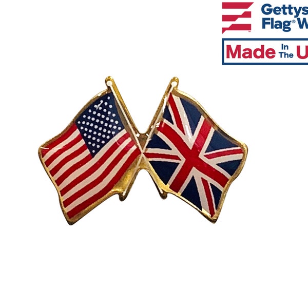 UK and US Double Waving Crossed Flags Friendship Lapel Pin - Made in USA!