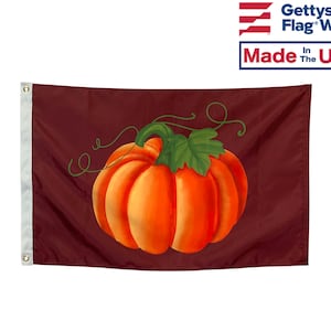 May include: A maroon flag with a single orange pumpkin with a green stem and leaves. The pumpkin is centered on the flag.