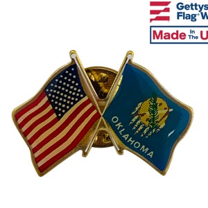 Oklahoma and U.S. Double Waving Crossed Flags Friendship Lapel Pin - Made in USA!