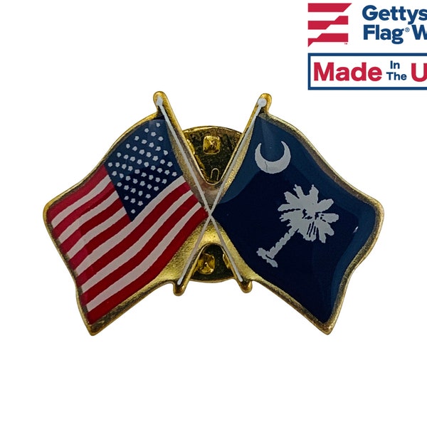 South Carolina and U.S. Double Waving Crossed Flags Friendship Lapel Pin - Made in USA!