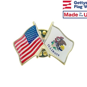 Illinois and U.S. Double Waving Crossed Flags Friendship Lapel Pin - Made in USA!