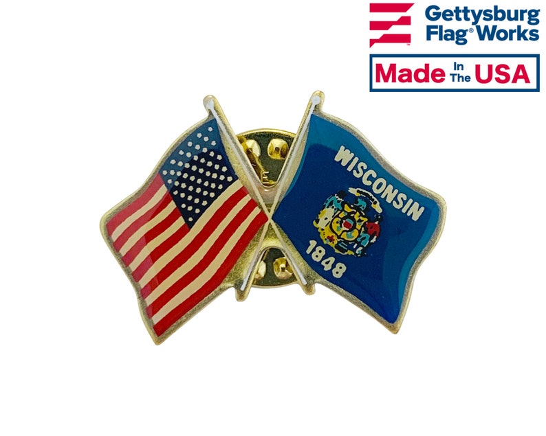 Made in USA! Wisconsin and U.S Double Waving Crossed Flags Friendship Lapel Pin