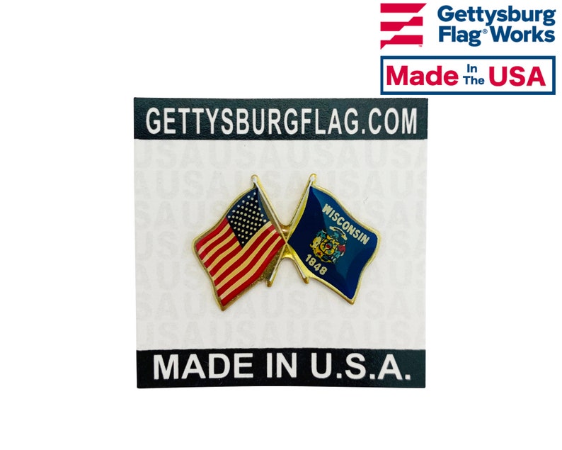 Made in USA! Wisconsin and U.S Double Waving Crossed Flags Friendship Lapel Pin