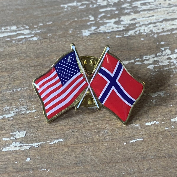 Norway and U.S. Double Waving Crossed Flags Friendship Lapel Pin - Made in USA!