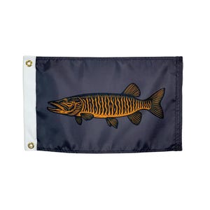May include: A navy blue flag featuring a detailed illustration of a muskie fish in orange and black. The flag has a white border on the left side with two grommets for hanging. The fish is oriented horizontally, showcasing its distinctive markings.