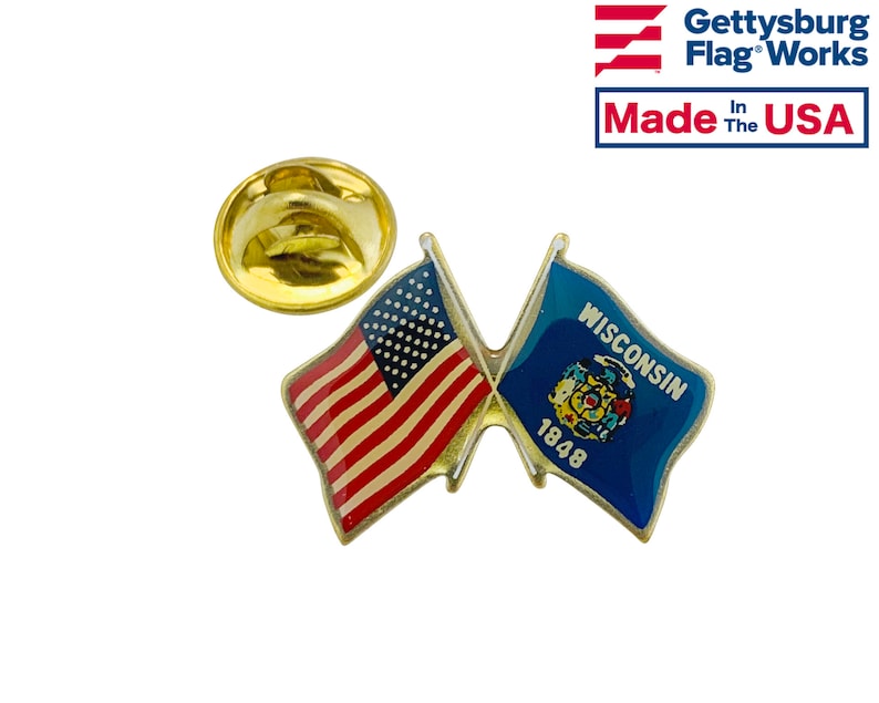 Made in USA! Wisconsin and U.S Double Waving Crossed Flags Friendship Lapel Pin