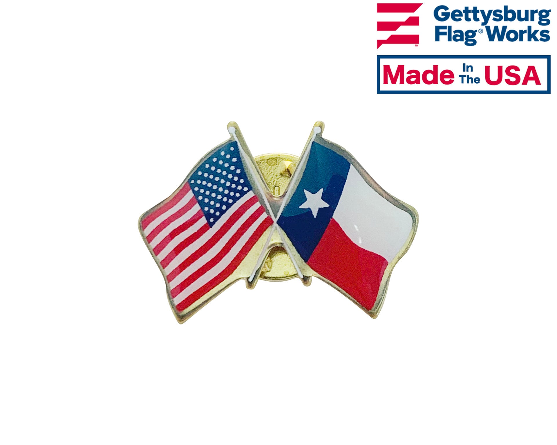 Texas and U.S. Double Waving Crossed Flags Friendship Lapel Pin - Made in USA!