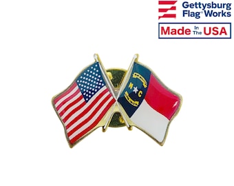 North Carolina and U.S. Double Waving Crossed Flags Friendship Lapel Pin - Made in USA!