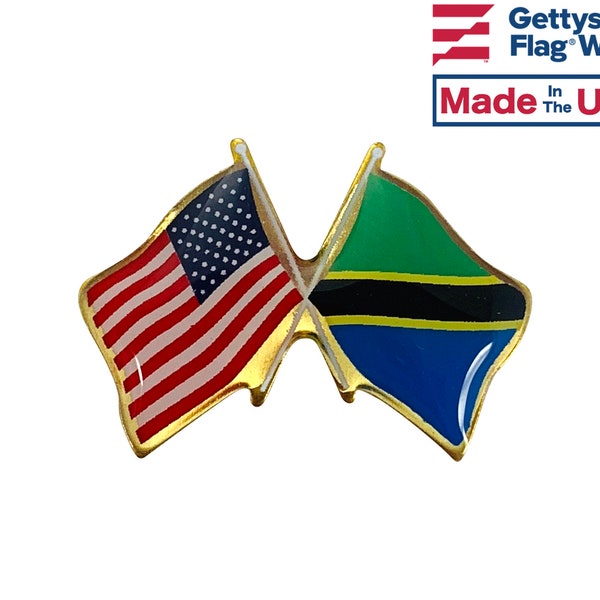 Tanzania and U.S. Double Waving Crossed Flags Friendship Lapel Pin - Made in USA!