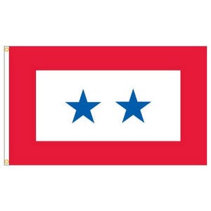 Puede incluir: Una bandera roja con un rect&aacute;ngulo blanco en el centro. Dos estrellas azules de cinco puntas est&aacute;n centradas dentro del rect&aacute;ngulo blanco.