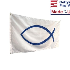 May include: White flag with a blue fish symbol, a Christian symbol. The flag is made in the USA.