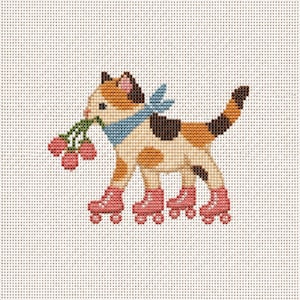 May include: A cross-stitch pattern on white fabric featuring a calico cat with brown, orange, and white fur. The cat wears a light blue neckerchief, has pink roller skates on all four paws, and holds a cluster of small red berries in its mouth.