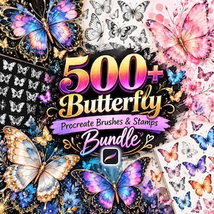 May include: A digital collection of 500+ butterfly Procreate brushes and stamps featuring various colorful butterfly illustrations, black and white line art, and floral patterns with the text 500+ Butterfly Procreate Brushes & Stamps Bundle.