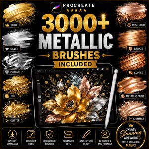 Puede incluir: Una colección digital de 3000+ pinceles metálicos para Procreate, con texturas de oro, plata, cromo, lámina, purpurina, oro rosa, bronce, cobre, pintura metálica y brillo. Una tableta muestra una ilustración floral con un lápiz óptico.