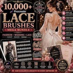 Puede incluir: Un conjunto de pinceles digitales para Procreate titulado 10,000+ Lace Brushes Mega Bundle. La imagen muestra a una persona con un vestido de novia de encaje, una tableta con patrones de encaje y etiquetas para bordes, encaje floral y malla.