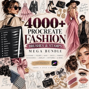 Puede incluir: Un paquete de productos digitales para Procreate con más de 4000 pinceles y sellos de moda. La imagen muestra ilustraciones de moda, bocetos de ropa, accesorios, joyas y elementos de interfaz digital para diseño y trabajo creativo.