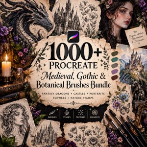 Puede incluir: Un paquete de productos digitales con más de 1000 pinceles para Procreate con temas medievales, góticos y botánicos. La imagen muestra ilustraciones de dragones, castillos, retratos y flores sobre papel estilo pergamino.