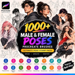 Op de afbeelding: Een digitale collectie van 1000+ mannelijke en vrouwelijke poses voor Procreate-penselen, met een centrale zwarte cirkelvormige afbeelding met de tekst 1000+ MALE & FEMALE POSES PROCREATE BRUSHES ULTIMATE POSE STAMP PACK, omringd door diverse anime-stijl illustraties.