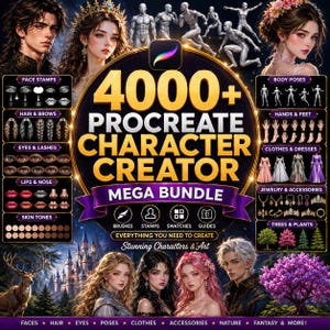 Op de afbeelding: Een digitaal pakket genaamd 4000+ Procreate Character Creator Mega Bundle, met een verzameling penselen, stempels, kleurstalen en gidsen voor karakterontwerp, inclusief gezichten, haar, ogen, poses, kleding en natuurlijke elementen.