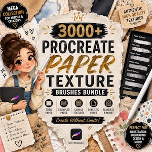 Puede incluir: Un anuncio de un paquete de arte digital con un personaje de dibujos animados sosteniendo un lápiz óptico, con el texto 3000+ PROCREATE PAPER TEXTURE BRUSHES BUNDLE, Create Without Limits, y características como papel rasgado y lienzo.