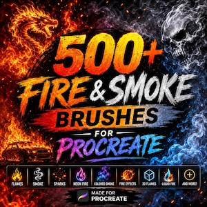 Puede incluir: Un gráfico digital con el texto 500+ FIRE & SMOKE BRUSHES FOR PROCREATE. El diseño muestra un dragón de fuego a la izquierda, una calavera a la derecha y la silueta de un coche. Una fila inferior muestra iconos de llamas, humo, chispas, fuego neón, humo de colores, efectos de fuego, llamas 3D y fuego líquido.