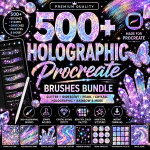 Puede incluir: Un paquete de productos digitales para Procreate que incluye más de 500 pinceles, sellos y muestras holográficas. El gráfico muestra texturas iridiscentes, brillantes y cristalinas en tonos morados y azules, con el texto 500+ HOLOGRAPHIC PROCREATE BRUSHES BUNDLE.