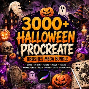 May include: A digital graphic advertisement for a 3000+ Halloween Procreate Brushes Mega Bundle featuring illustrations of pumpkins, skulls, ghosts, a haunted house, a black cat, and a tombstone with the text Stamps, Patterns, Textures, Doodles, Swatches.