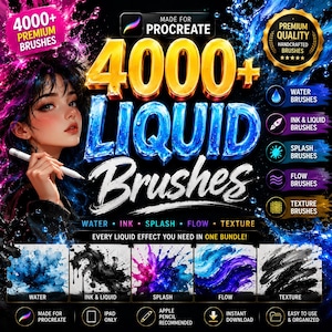 Op de afbeelding: Een digitale grafische advertentie voor 4000+ Liquid Brushes voor Procreate. De tekst luidt 4000+ LIQUID BRUSHES, MADE FOR PROCREATE, en bevat categorieën zoals water, ink, splash, flow en texture met bijbehorende visuele voorbeelden.