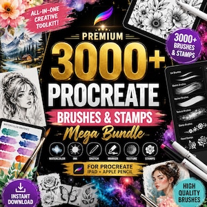May include: A digital creative toolkit for Procreate featuring 3000+ brushes and stamps. The graphic displays gold text reading Premium 3000+ Procreate Brushes & Stamps Mega Bundle, with icons for watercolor, ink, sketch, marker, texture, and stamps.