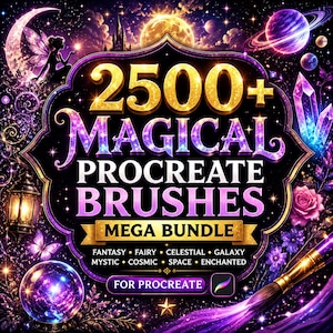 Peut inclure: Un graphique de produit numérique avec le texte 2500+ MAGICAL PROCREATE BRUSHES MEGA BUNDLE. Le design comprend une silhouette de fée, une lune brillante, des planètes, des cristaux, une lanterne, une boule de cristal et un pinceau sur fond violet.
