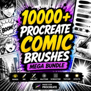 May include: A digital graphic featuring the text 10000+ PROCREATE COMIC BRUSHES MEGA BUNDLE in yellow and white. The background displays manga-style illustrations, brush stroke samples, and icons for manga, ink, line art, halftone, and effects.