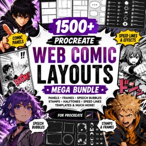 May include: A digital asset bundle for Procreate featuring 1500+ web comic layouts, comic panels, speech bubbles, speed lines, effects, stamps, and frames. The graphic includes anime-style character illustrations and text labels.