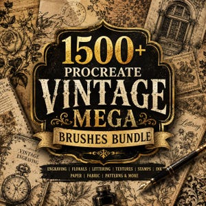 Puede incluir: Un gráfico de producto digital que presenta una etiqueta negra y dorada ornamentada con el texto 1500+ PROCREATE VINTAGE MEGA BRUSHES BUNDLE. El fondo muestra ilustraciones de estilo vintage de rosas, sellos y un reloj de bolsillo.