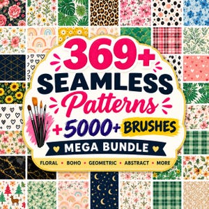 5000+ Procreate-penslar och 369+ sömlösa mönster | Digital nedladdning av blommiga, bohemiska och geometriska mönster