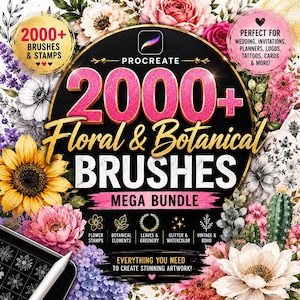May include: A digital product advertisement for 2000+ Floral & Botanical Brushes Mega Bundle for Procreate. The graphic features pink glitter text, a black circular background, and colorful illustrations of sunflowers, roses, and cacti.