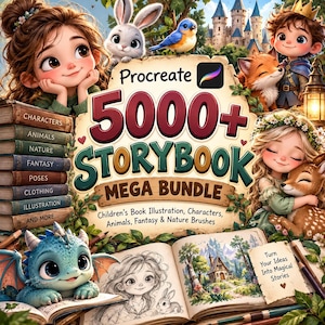Puede incluir: Un paquete de arte digital para Procreate con el texto 5000+ Storybook Mega Bundle, rodeado de ilustraciones de niños, un dragón, un conejo, un zorro, un ciervo y un castillo. El libro abierto muestra un boceto y el texto Turn Your Ideas Into Magical Stories.