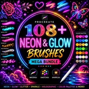 May include: A digital graphic advertisement for a Procreate brush set titled 108+ Neon & Glow Brushes Mega Bundle. The design features neon-colored roses, butterflies, and clouds against a black background, with a stylus pen in the corner.