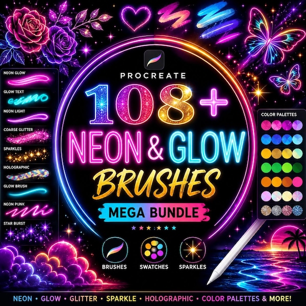 108+ Procreate Neon Glow Brushes Bundle | Glitter, Sparkle, Holographic (Digital Download)