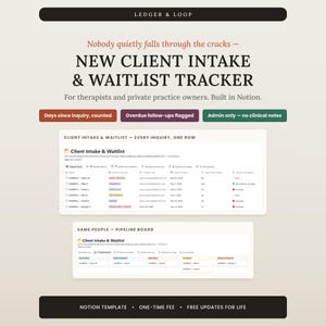 Client Tracker for Therapists, New Client Intake Waitlist and Referral Pipeline Notion Template