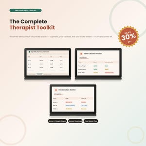 Pack thérapeute, 3 modèles Notion et Google Sheets, Facture détaillée pour cabinet privé, Suivi des séances clients, CRM pour la gestion des admissions et la liste d'attente, Conseiller