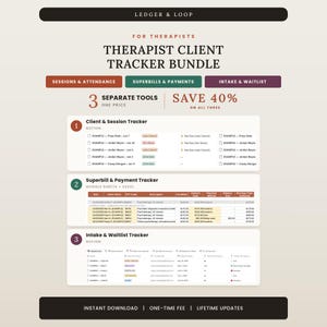 Therapist Client Tracker Bundle, 3 Private Practice Templates for Sessions, Billing and Intake