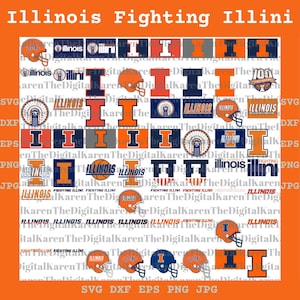 Puede incluir: Una colección digital de logotipos de Illinois Fighting Illini, que incluye varios diseños de letras I en bloque, cascos de fútbol americano, balones de baloncesto y gráficos de texto en naranja, azul marino, blanco y gris, con el texto Illinois Fighting Illini.