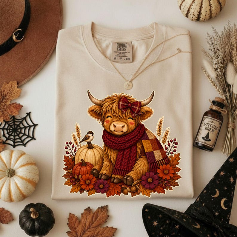 Peut inclure: Un t-shirt beige avec une illustration d'une vache Highland duveteuse portant un n&oelig;ud &agrave; carreaux rouge et une &eacute;charpe en tricot rouge. La vache est entour&eacute;e de citrouilles, de feuilles d'automne, d'&eacute;pis de bl&eacute; et de fleurs.