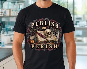 Publiez ou périssez (PNG) : Motif de sublimation pour doctorant sur le thème d'Halloween, T-shirt humoristique pour doctorants, Usage commercial