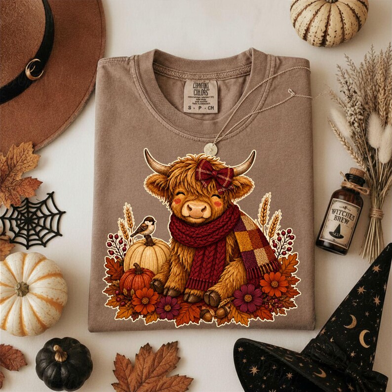 Peut inclure: Un t-shirt marron avec une illustration de vache Highland portant un n&oelig;ud &eacute;cossais rouge et une &eacute;charpe en tricot &eacute;pais. La vache est entour&eacute;e de citrouilles, de feuilles d'automne, d'&eacute;pis de bl&eacute; et d'un petit oiseau. Col rond et &eacute;tiquette Comfort Colors.