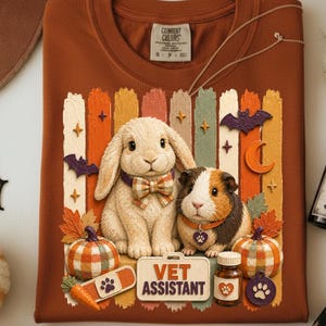 Puede incluir: Una camiseta color óxido con un gráfico de un conejo y un cobaya. El diseño incluye calabazas, una zanahoria, un frasco de medicina y un letrero que dice VET ASSISTANT. El fondo muestra rayas verticales, murciélagos y estrellas.