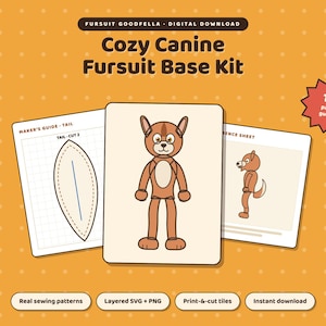 May include: A digital download kit for a Cozy Canine Fursuit Base, featuring a 14-page guide, sewing patterns, and layered SVG and PNG files. The graphics show a brown cartoon dog character, a tail pattern on a grid, and a side profile reference sheet.
