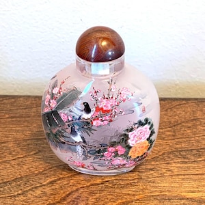Vintage Asian Glass Scent Bottle, Birds & Seasonal Scenes, Pink Cherry Blossoms.