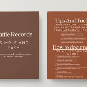 May include: A dark brown spiral-bound notebook titled Cattle Records with the text Simple and Easy! and a secondary orange notebook titled Tips And Tricks with instructions on how to document cattle records, including bulleted lists of information.