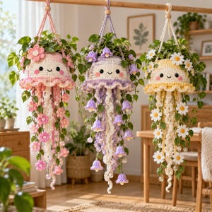 Patrón PDF para colgar plantas con forma de medusa a crochet, trío de macetas colgantes florales, decoración bohemia para el hogar.
